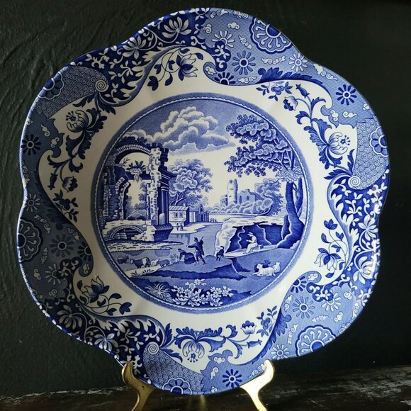 Spode Blue Italian Daisy Bowl 11.125" Scalloped Edge Blue and White Bowl - Picture 1 of 7